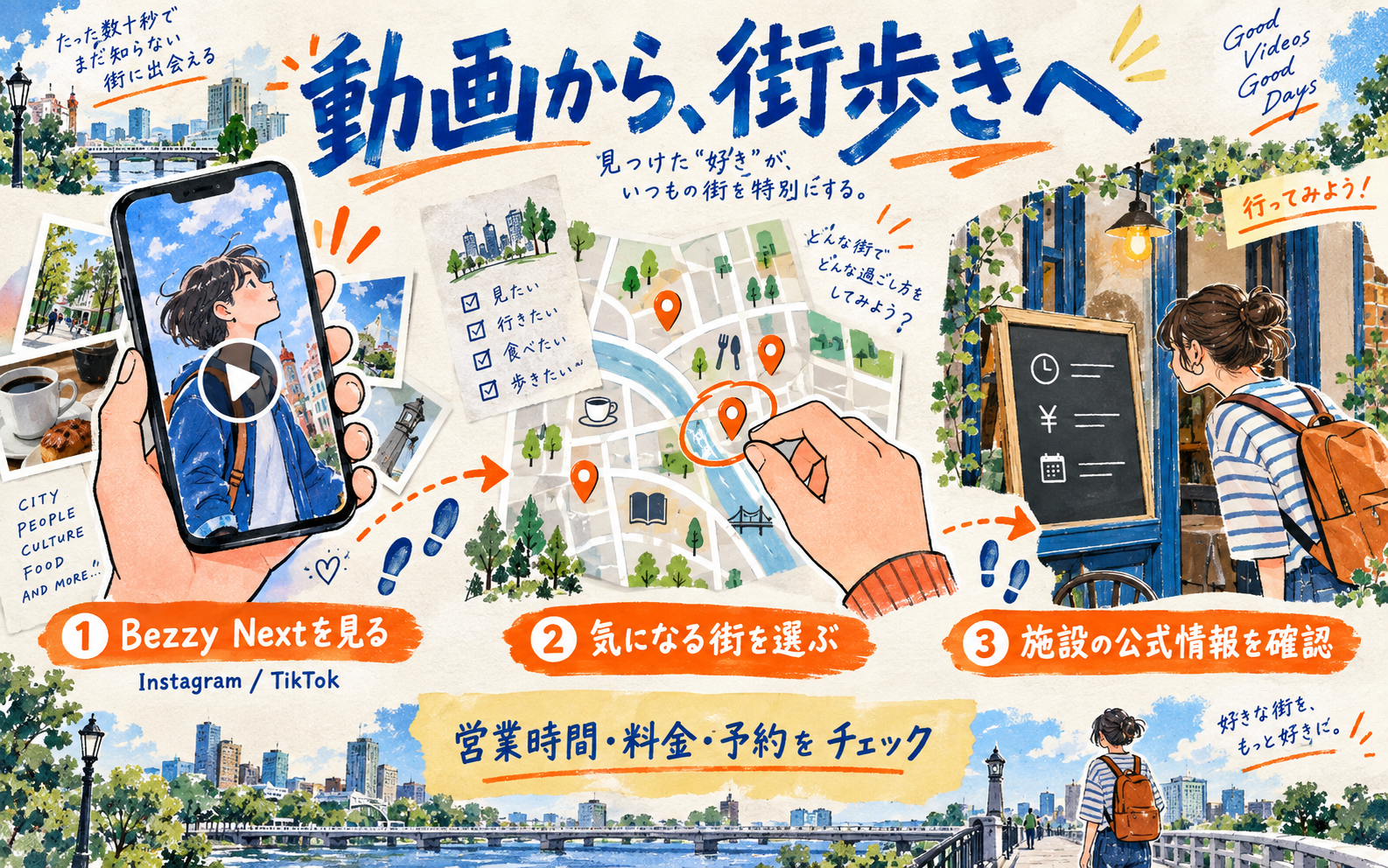 Bezzy Nextを見て街を選び、施設の公式情報で営業時間・料金・予約を確認する流れ