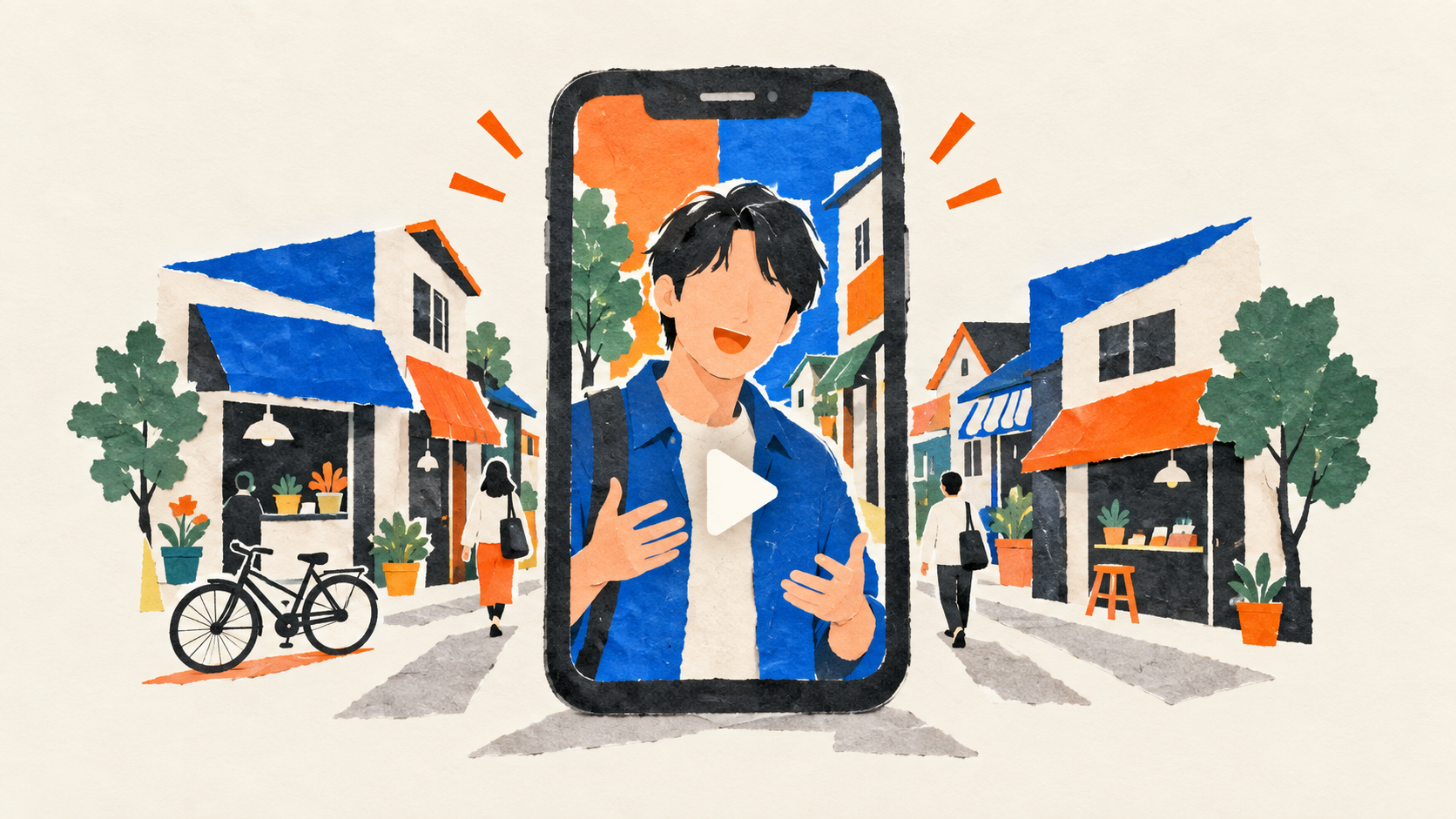 スマートフォン内の人物と街並みを組み合わせた切り紙風イラスト