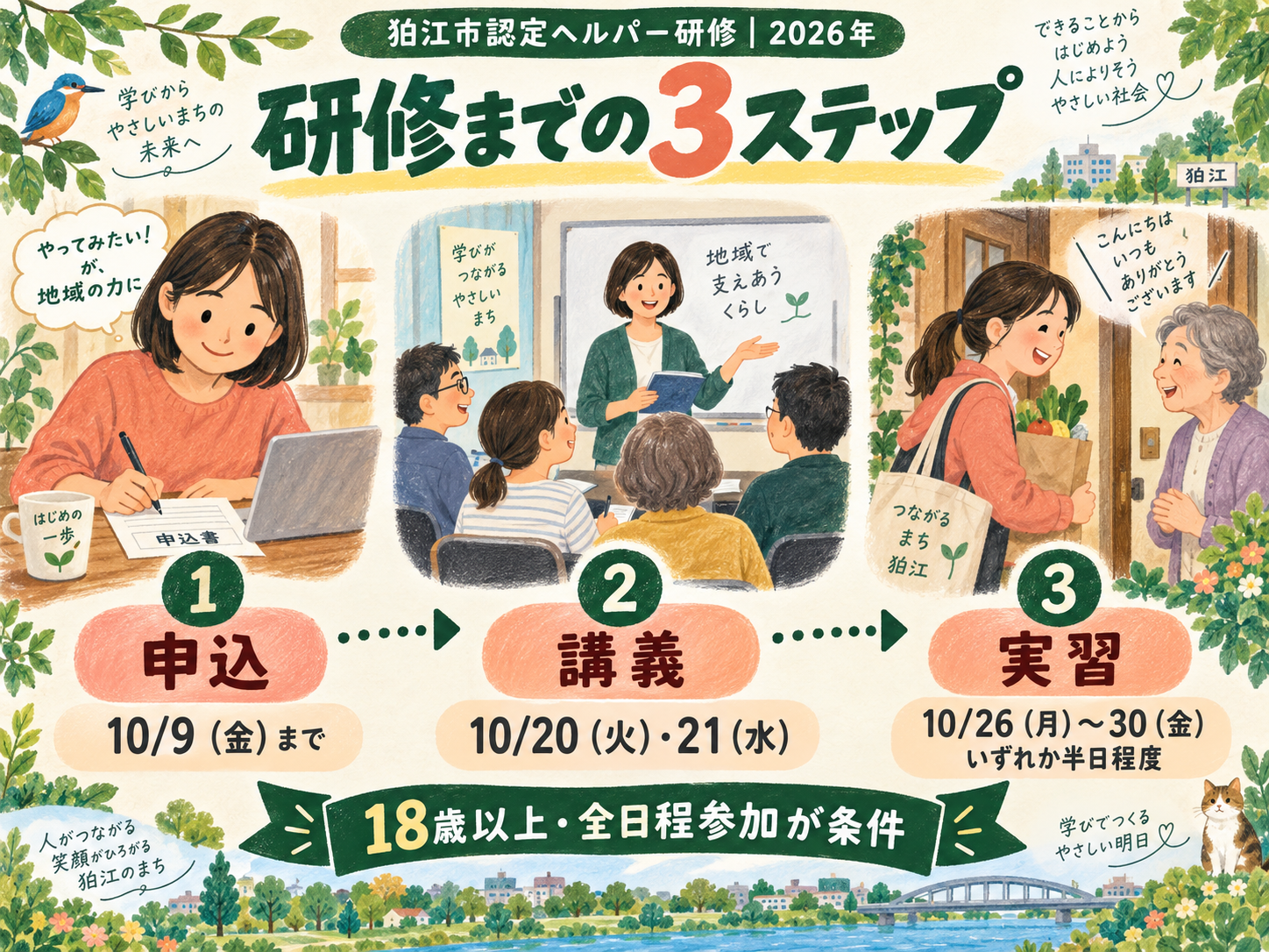 10月9日申込締切、20・21日講義、26～30日のいずれか半日程度の実習。18歳以上・全日程参加が条件