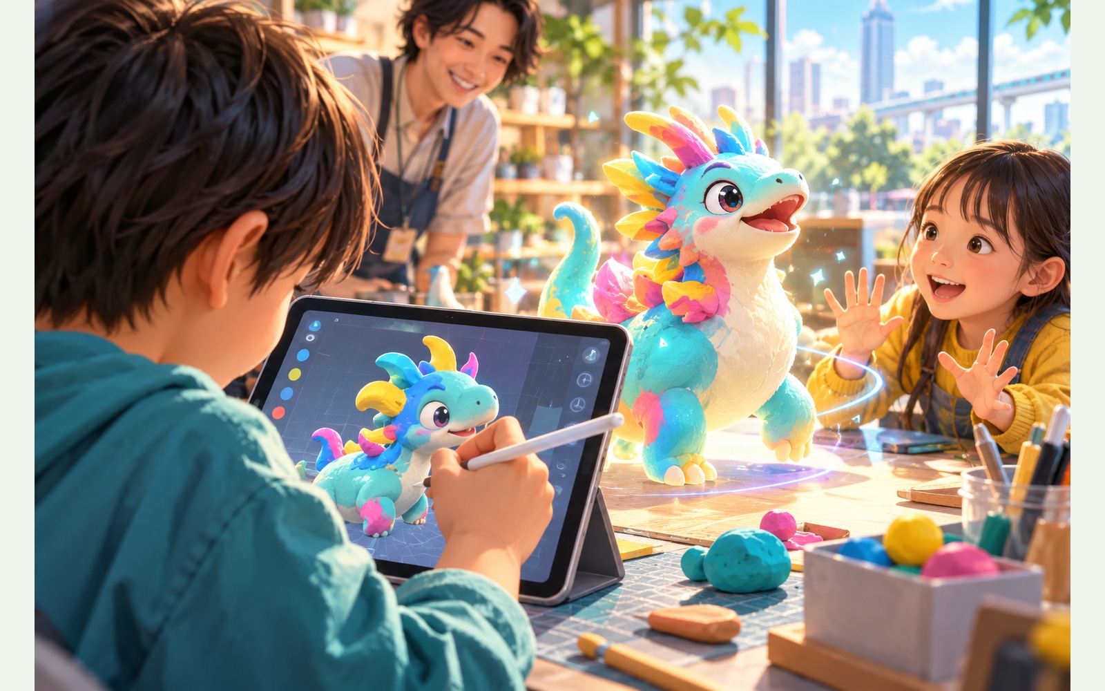 子どもがタブレットで3D作品を作りAR表示を体験するイメージ