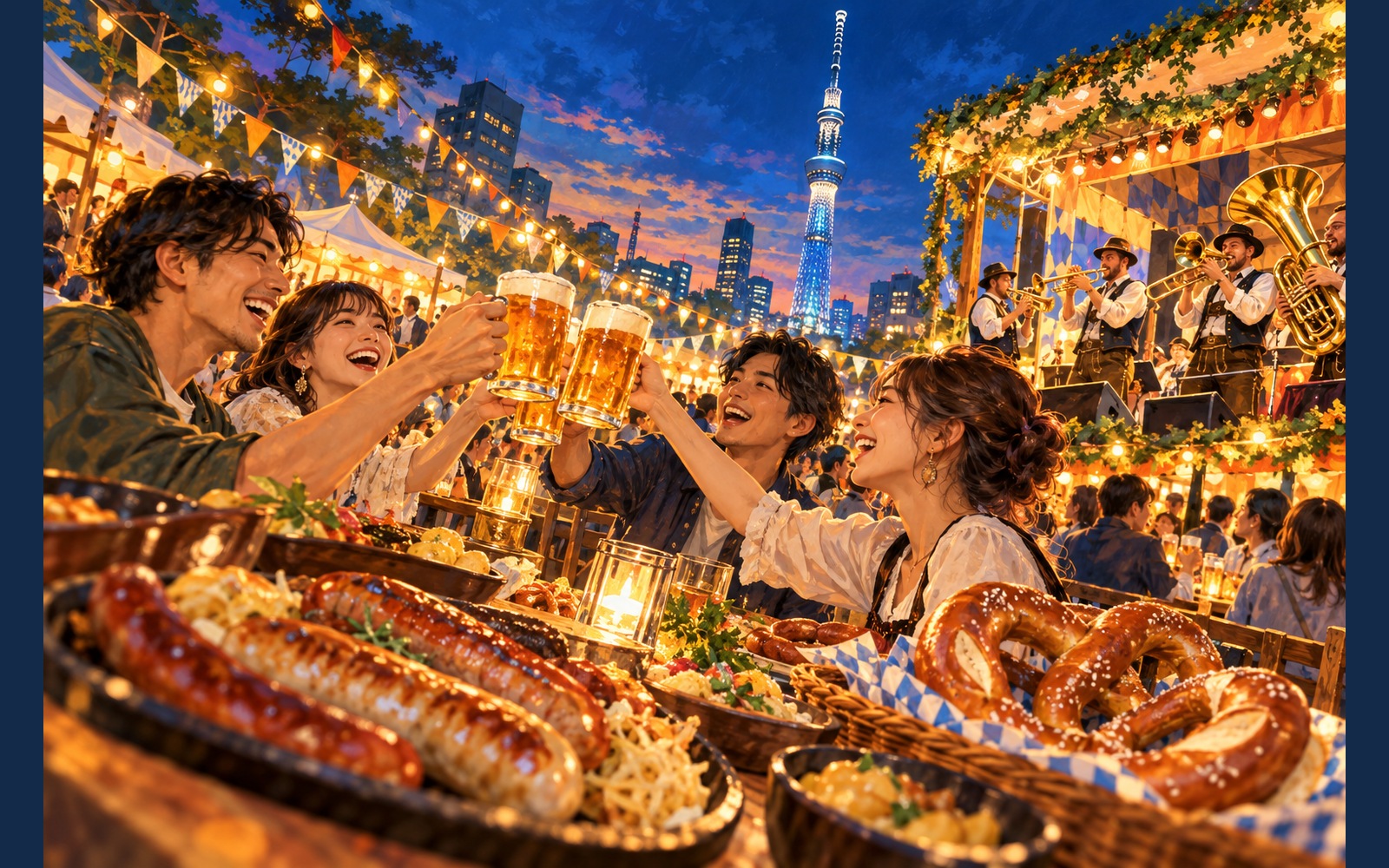 東京スカイツリーを望む会場で料理・乾杯・ライブ演奏を楽しむイメージ