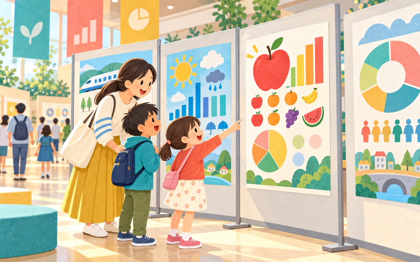親子が色とりどりのグラフ展示を見て発見を楽しむイラスト