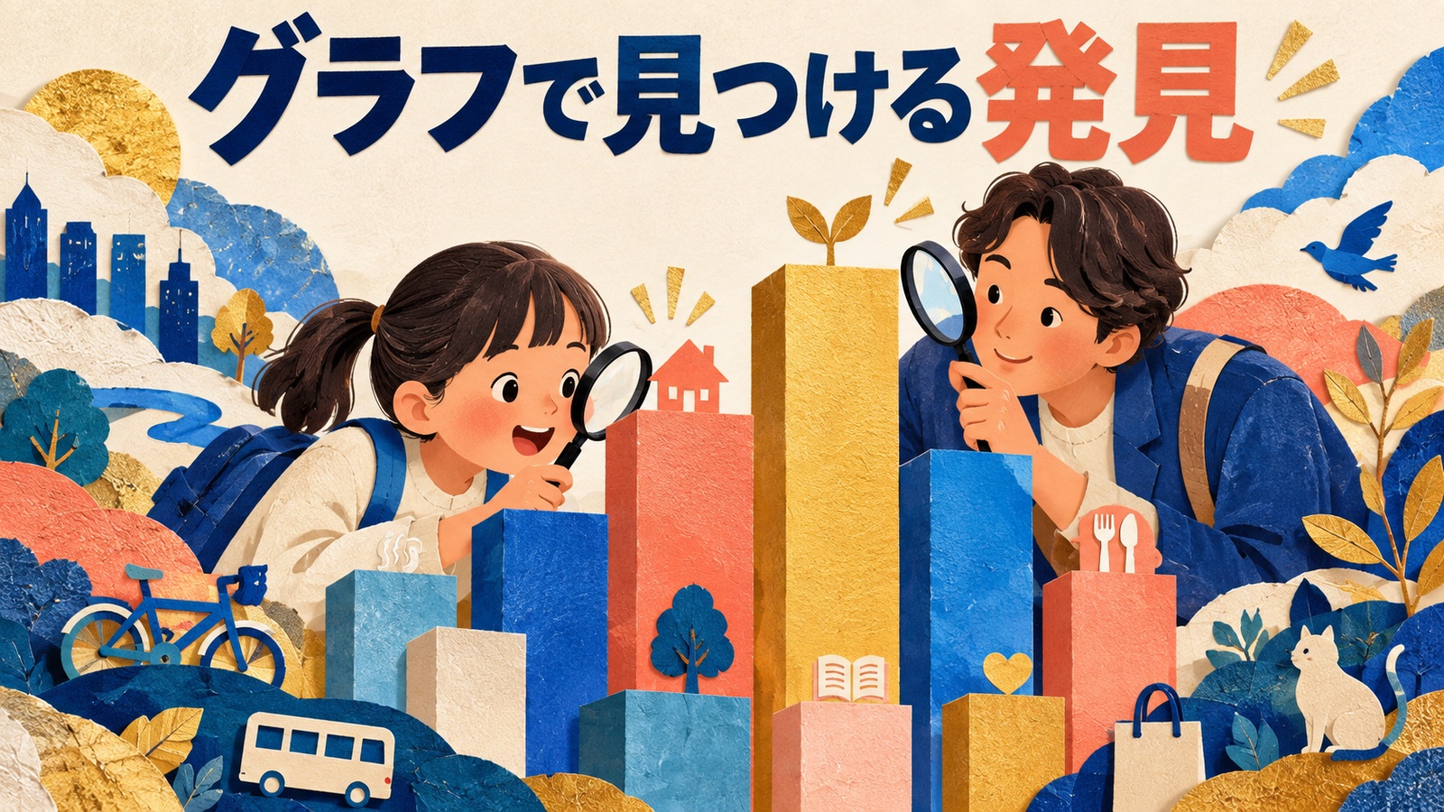 親子でグラフを読み解く楽しさを表すイラスト