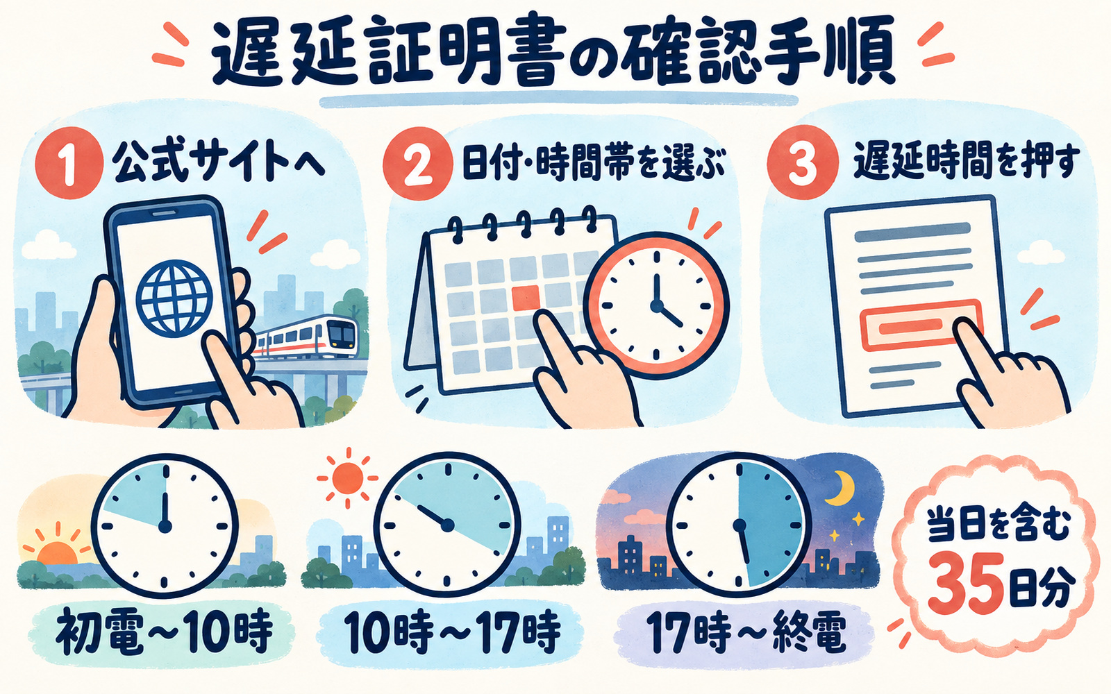 TX公式サイトで日付と時間帯を選び、遅延時間を押して証明書を確認する3ステップ。掲載は当日を含む35日分
