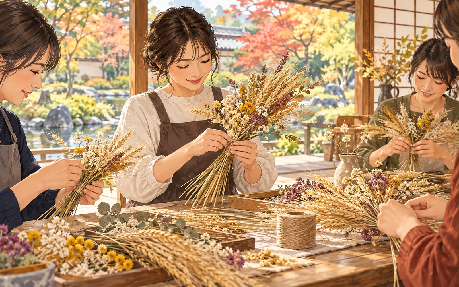 麦とドライフラワーを組み合わせたパニエ作品