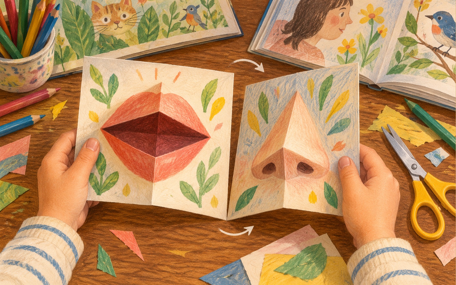 口や鼻を描いて飛び出す仕掛けを作るポップアップ作品のイメージ