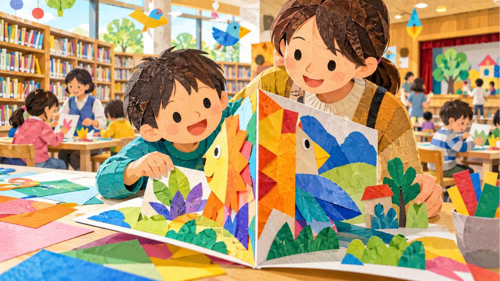 秋津図書館のポップアップお絵かきに参加する親子のイメージ