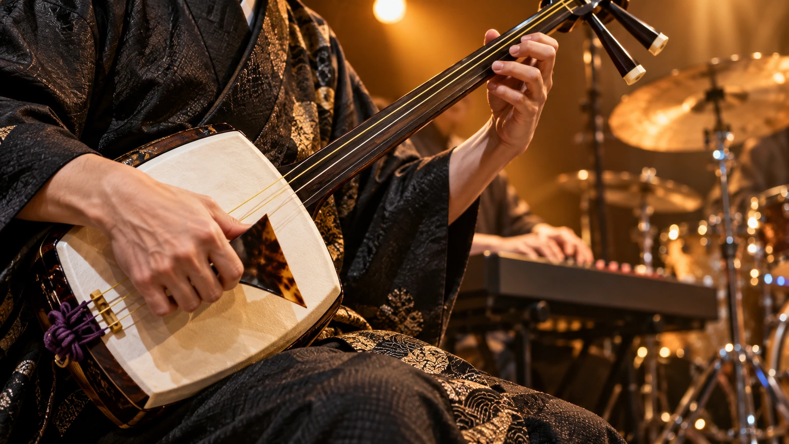 津軽三味線を演奏する手元とキーボード、ドラムのライブ編成