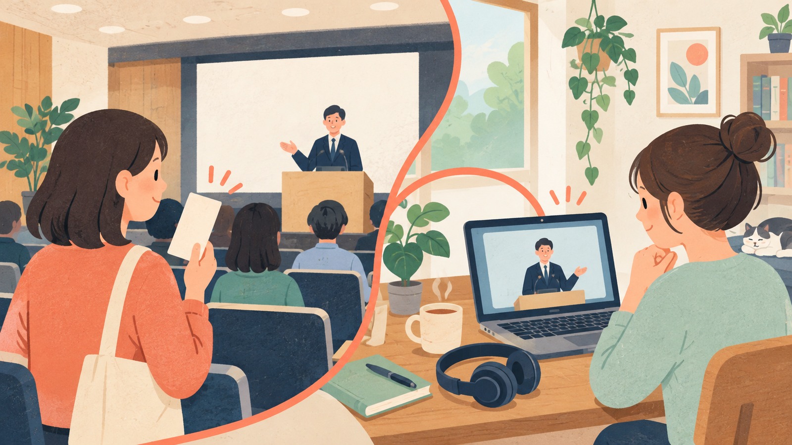 講演会に会場で参加する人と、自宅のパソコンからオンライン参加する人のイメージ