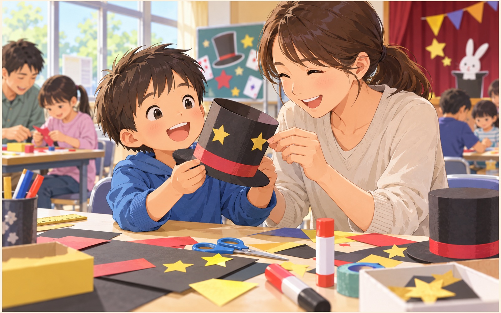 親子が公民館で手品のタネを作るイメージ
