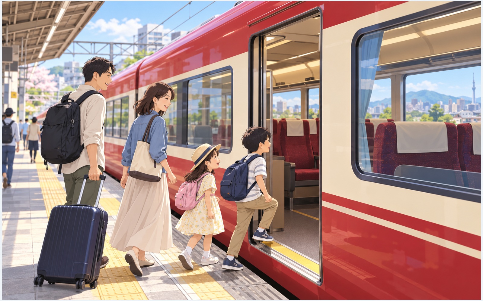 家族が指定席列車で出かけるイメージ